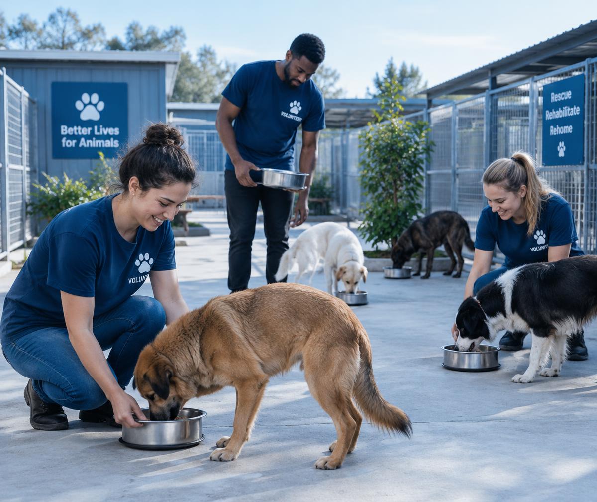 Ehrenamtliche füttern Hunde in einem Tierheim