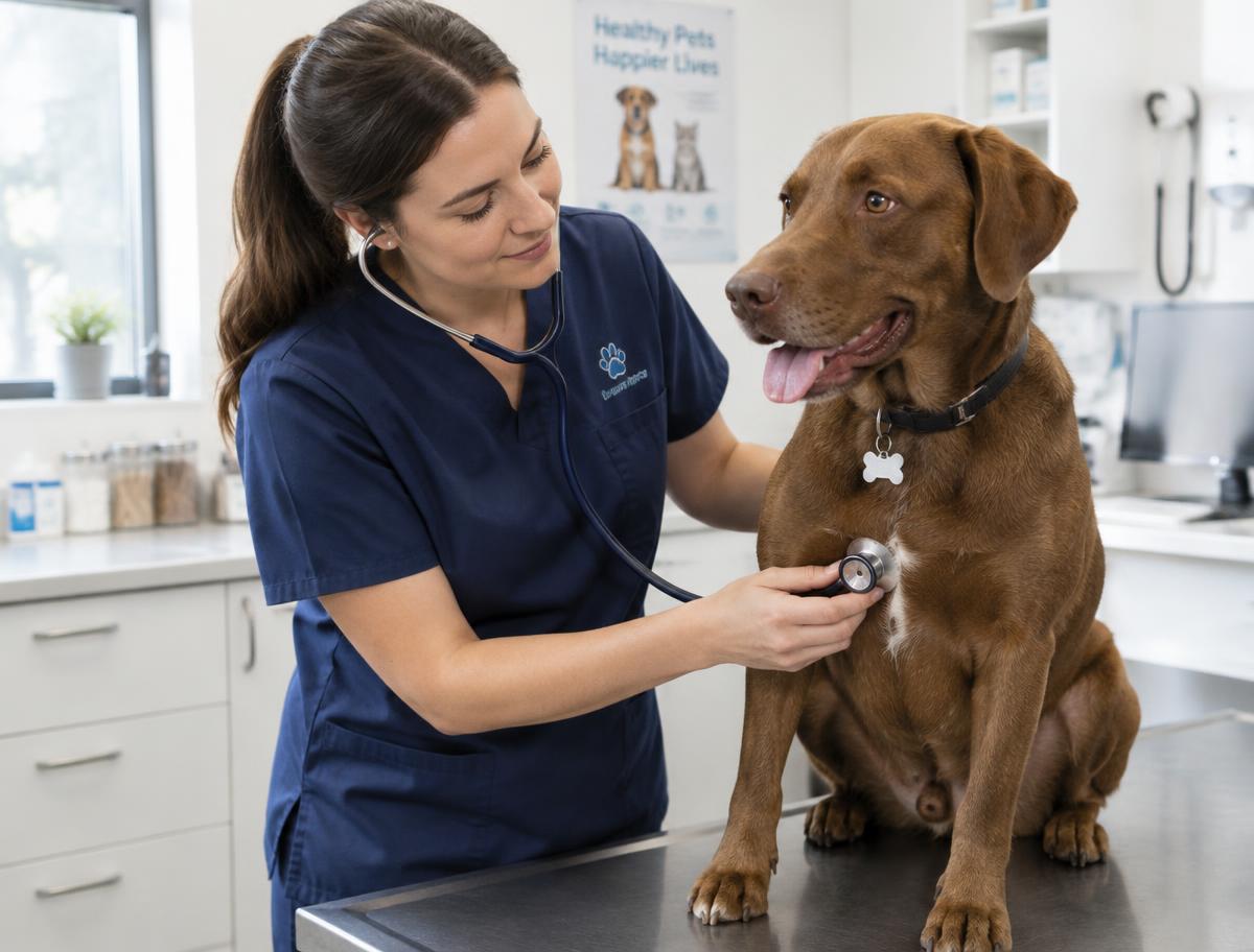Eine Tierärztin untersucht einen braunen Hund auf dem Behandlungstisch