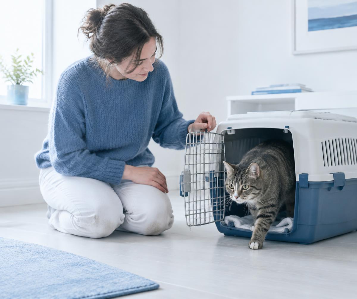Eine Person kniet neben einer geöffneten Transportbox, aus der eine Katze steigt